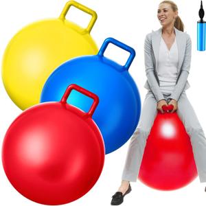 Lewtemi 3 Pcs 29 Inch Bouncing Ball with Handle, Outdoors Hopper Jumping Hopping Ball and Air Pump for Sports School Games Exercise (Red, Blue, Yellow)