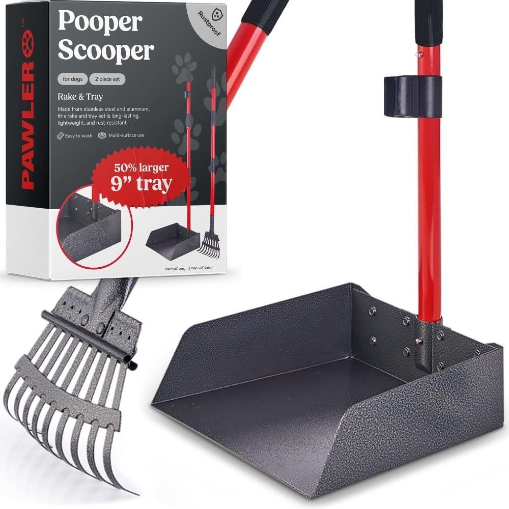 Pawler Pooper Scooper for Large Dogs, Small Dogs and Horses, Metal Poop Scooper Set with Long Handle Rake and Tray for Yard, Grass, Dirt or Gravel, Heavy Duty Aluminum Poop Picker Upper