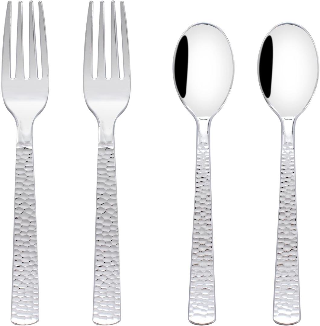KIRE 400PCS Silver Plastic Forks and Spoons Disposable-Heavy Duty Plastic Silverware Set Silver Spoons and Forks-200 Forks and Spoon for Parties/Birthday/Wedding for Christmas