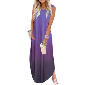 Summer Dresses for Women 2025 Beach Vacation Dress Boho Floral Sundresses Ladies Tropical Pockets Maxi Dress (Gradient-12) XL