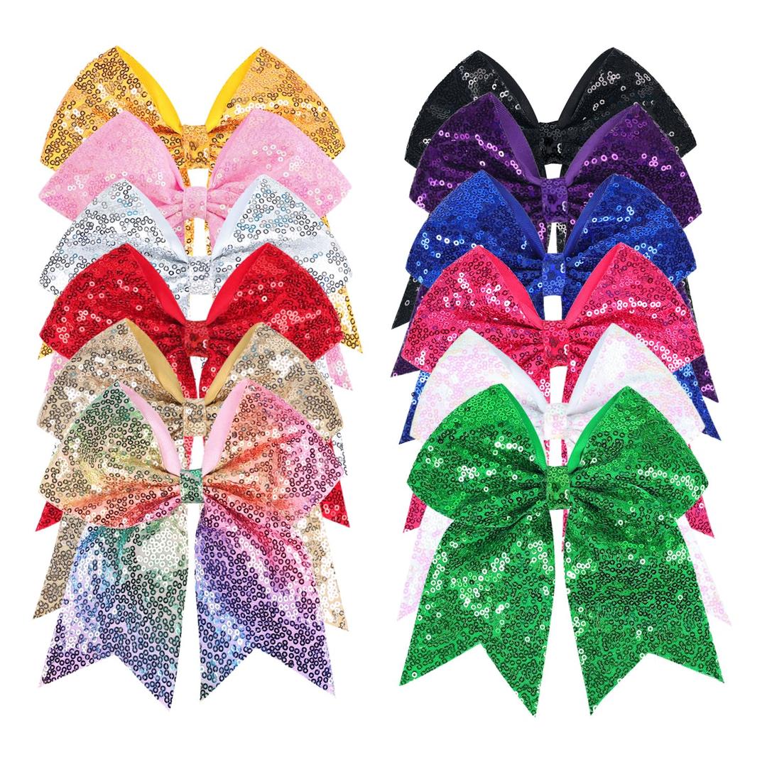 12-Color Jumbo Glitter Cheer Bow Clip  7 Sequin Hair Bow for Girls, Perfect for Softball, Uniforms, Christmas, Halloween, and Special Occasions