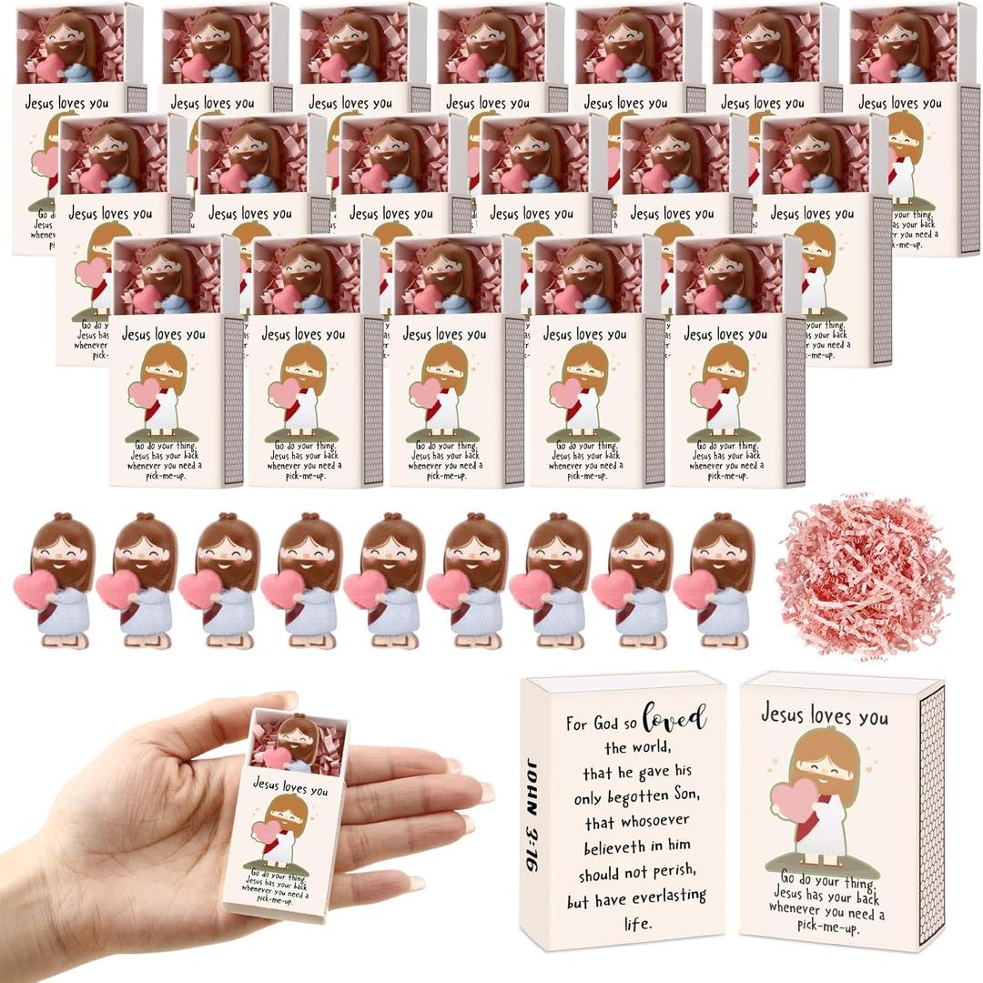 Wettarn 36 Sets Christian Easter Gift Bulk Mini Jesus Loves You Figurines Gifts, Small Jesus with Match Storage Box Pocket for Coworkers Church Sunday School Students Religious Gift