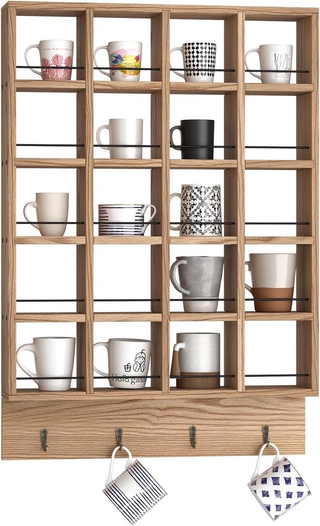 Wooden Coffee Mug Display Rack, Wall Mounted Coffee Cup Display Shelf, Hold 24 Mugs, Rustic Shot Glass Display Case, Coffee Mug Holder Organizer for Kitchen, Coffee Station (23.6 * 29.5in)