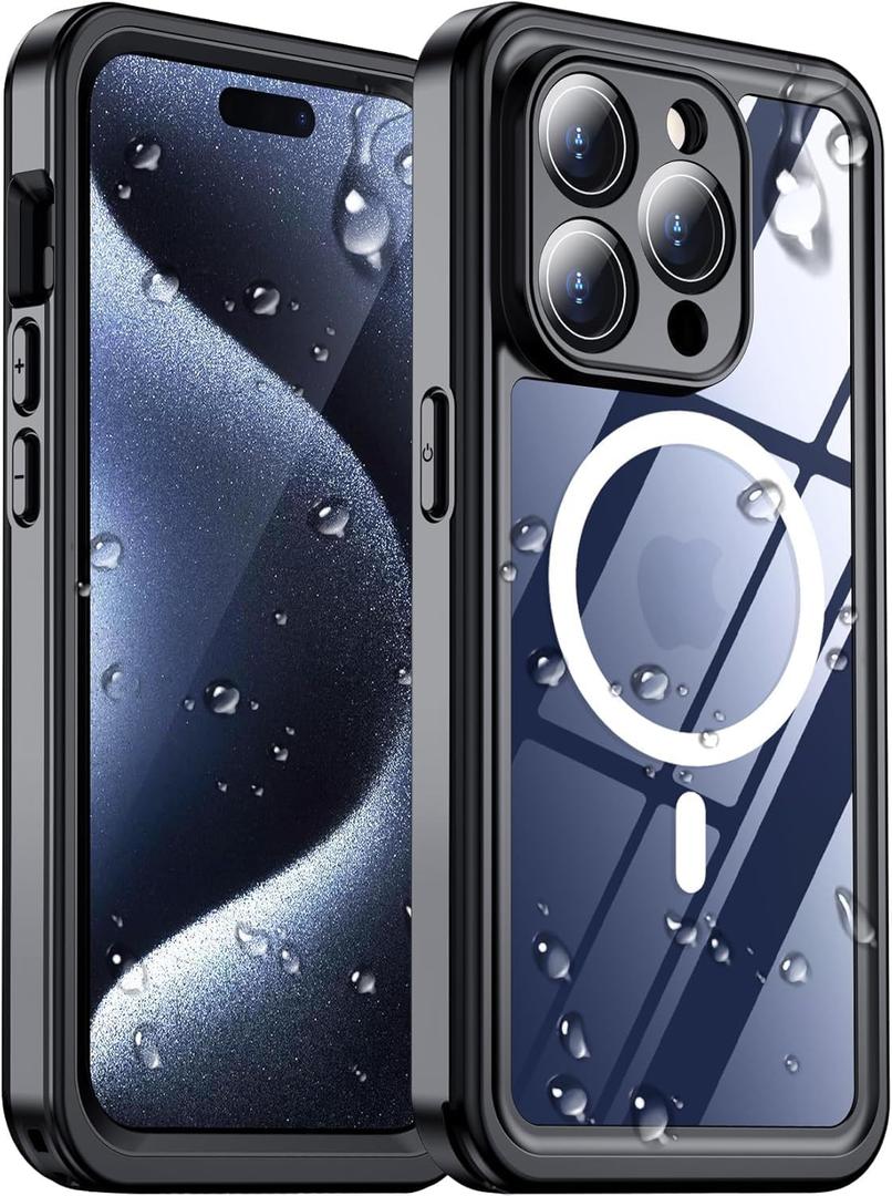 2025 New Designed for iPhone 15 Pro Max Case Waterproof, [Compatible With MagSafe][Built-in Screen & Camera Protector][Full Body Shockproof][IP68 Underwater][Dustproof][Dropproof] Phone Case 6.7" (Black/Clear-Mag)