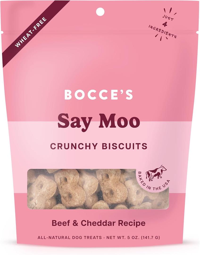 Bocce's Bakery Oven Baked Say Moo Treats for Dogs, Everyday Wheat-Free Dog Treats, Made with Real Ingredients, Baked in The USA, All-Natural Beef & Cheddar Biscuits, 5 oz (5 Ounce (Pack of 1)) (Best By: 06/12/2026)