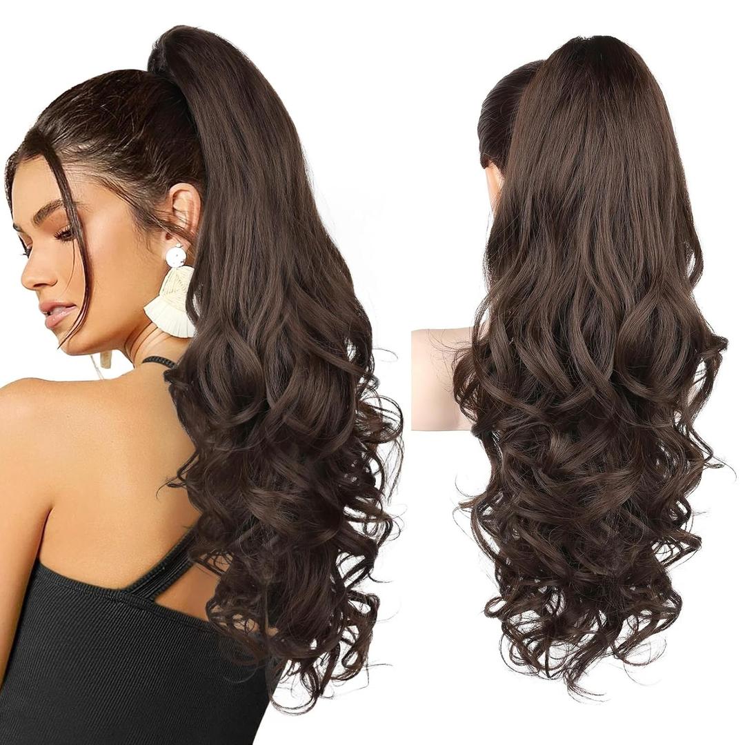 REECHO 24" Claw Clip in Ponytail Extensions Long Curly Wavy Ponytail Hair Extension Jaw Clip on Pony Tails Hairpiece for Women - Dark Chocolate Brown