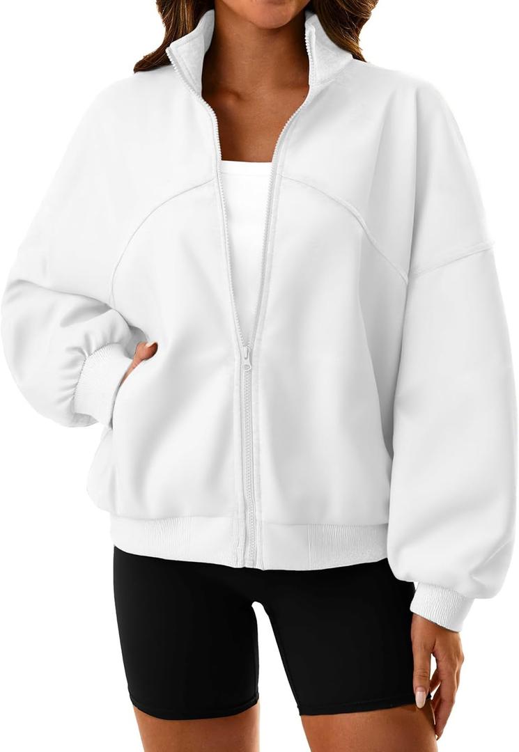 SOFIA'S CHOICE Women's Fleece Zip Up Sweatshirt Cute Long Sleeve Sweatshirts Jackets (Large, White)