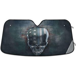 3D Metal Skull With USA Flag Car Windshield Sunshade Foldable Reflective Sun Shade Blocks UV Rays