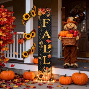 Farmhouse Autumn Wooden Welcome Sign Stand for Front Door, 47" Rustic Large Fall Welcome Porch Sign Wall Hanging for Thanksgiving, Vertical Tall Porch Leaner Decor for Outdoor Patio Garden
