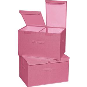 2 Pack Storage Boxes with Lids and Handles, Collapsible Linen Storage Bins Organizer Containers Baskets Cube with Removable Divider for Home Bedroom Closet Office (Pink, XL)