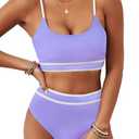 BMJL Women's High Waisted Bikini Ribbed Two Piece Swimsuit High Cut Color Block Adjustable Straps Bathing Suit, size XL, light purple