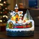 Animated Musical Christmas Village Figurines - Church Building and Snowman Statues with Rotating Train, LED Lights and Music - Battery & USB Powered Xmas Gifts and Festive Home Collection Decorations