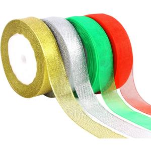 DECYOOL 4 Rolls 150 Yards Christmas Ribbons Metallic Glitter Fabric Organza Holiday Festival Ribbons 4/5" Wide for Gift Wrapping Decoration (Green, Red, Silver, Gold)