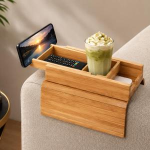 Bamboo Sofa Armrest Tray with Detachable Cup Holder, Foldable Couch Arm Table, Non-Slip Organizer for Drinks, Remote, Phone & Snacks, Space Saving Armrest Caddy for Sofa