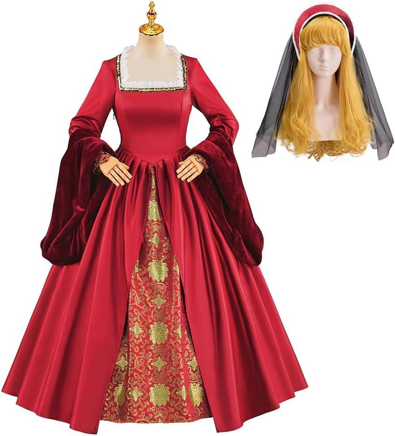 Willyacos Tudor Queen Anne Boleyn Costume Dress Renaissance Elizabethan Tudor Costume Women Ball Gown with Headpiece (Medium, Red)