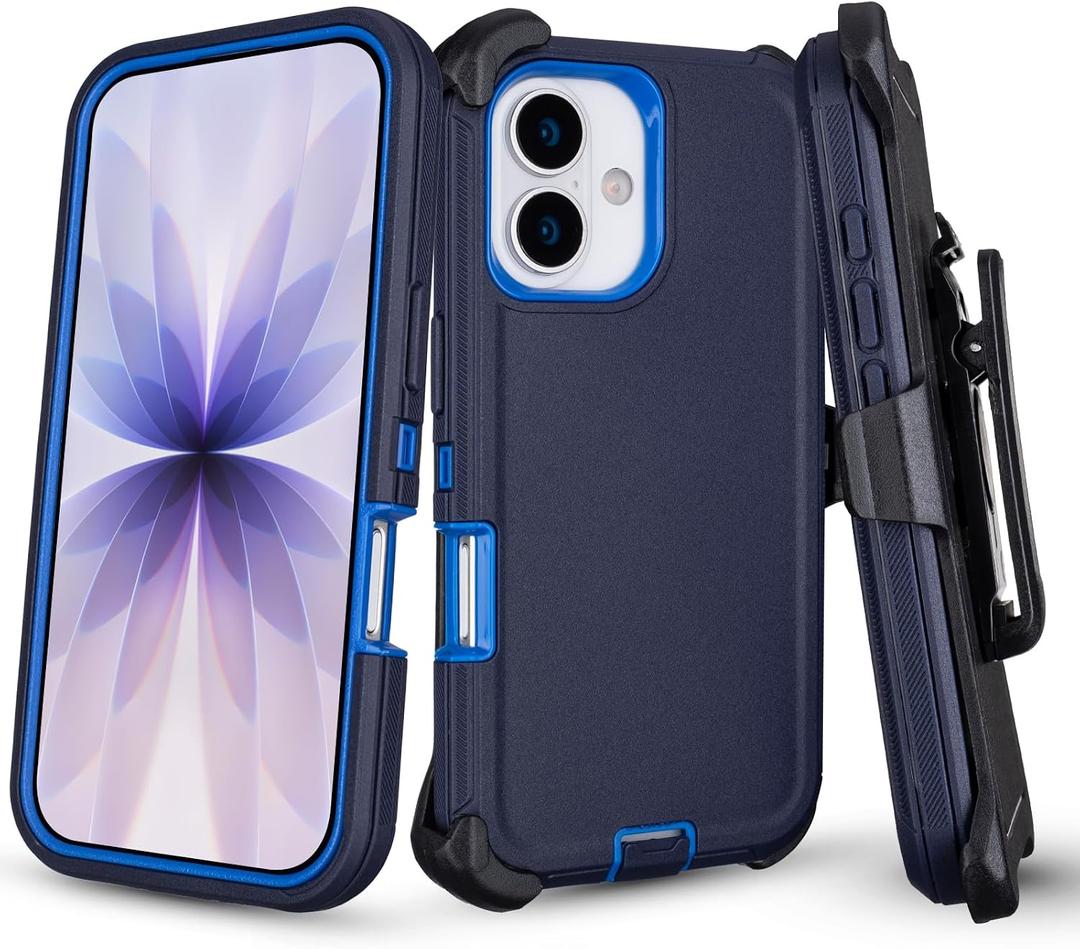 for iPhone 17 Case with Belt Clip Holster, Heavy Duty Rugged Shockproof Protection, Military Grade Anti-Drop Protective Case for iPhone 17 with Kickstand, 6.3" (Navy+Blue)