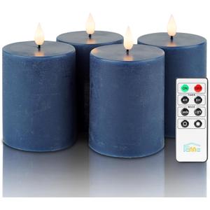Fanna Flameless Pillar Candles with Timer in Real Wax for Advent and Christmas, Battery Operated Led Candles with Remote, 8 Batteries Included - Set of 3 (D 3" x H 4") - Dark Blue