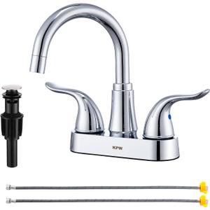 KPW Bathroom Sink Faucet 2 or 3 Hole Chrome Centerset 4 Inch Bathroom Sink Faucet 2 Handle Plating Over ABS Plastic Non-Metallic Lavatory Bathroom Faucet with Pop up Drain Water Supply Hoses (Two Handle, 5121 Chrome)