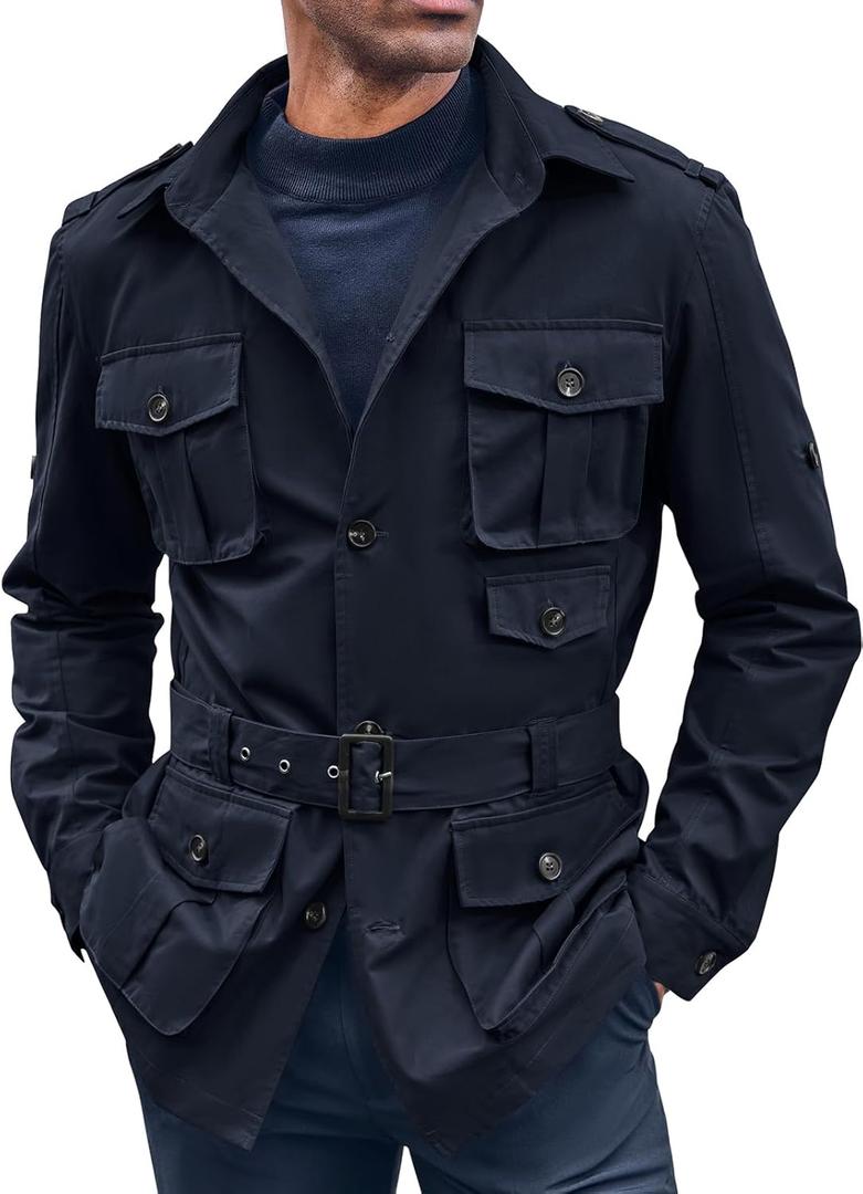 Runcati Mens Safari Jacket Military Utility Multi Pocket Casual Outdoor Fishing Cargo Outwear Coat with Belt (X-Large, Navy Blue)