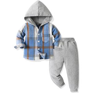 Yanmucy 2PCS Little Toddler Boys Sweatsuit Cotton Plaid Hoodies Shirt Tops + Pants Kids Spring Fall Winter Clothing Set, 6-7T