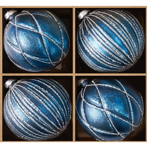 DN DECONATION 4PCS Blue Glass Christmas Ball Ornaments – 4” Shimmering Silver Lines Hanging Ball Ornaments Set for Christmas Tree, Winter Decor Elegant Holiday Decorations Wedding