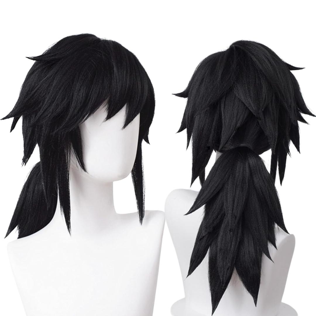 Wiggy Mermaid Giyuu Cosplay Wig with Pigtails for DS Costume Short Black Anime Wigs for Adults with Cap for Halloween Party