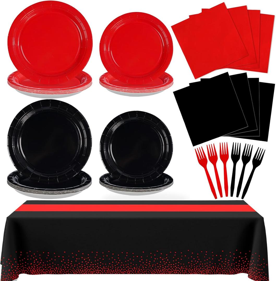 98 Pcs Red and Black Party Supplies Valentine's Day Black and Red Paper Plates Napkins Forks Tablecloths Tableware Set for Valentines Day Fiesta Congrats Wedding Birthday Party Decorations Serves 24