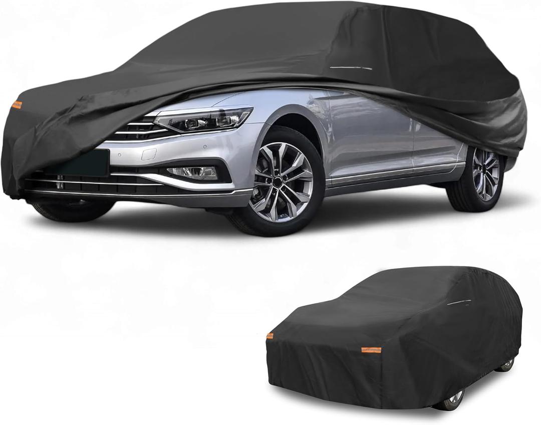 Waterproof All-Weather Universal Car Cover with Right Side Zipper & Mirror Pocket, 190T-PU Black Fits for Wagon 177" to 190" Length