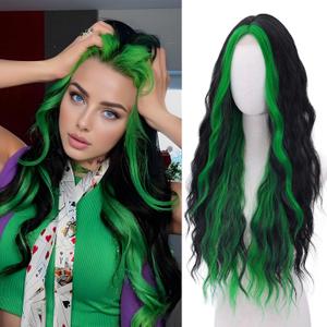 WECAN Green Wig - Black and Green Wigs for Women Long Natural Wavy Synthetic Wig Heat Resistant Fiber Wigs for Daily Party Halloween Cosplay