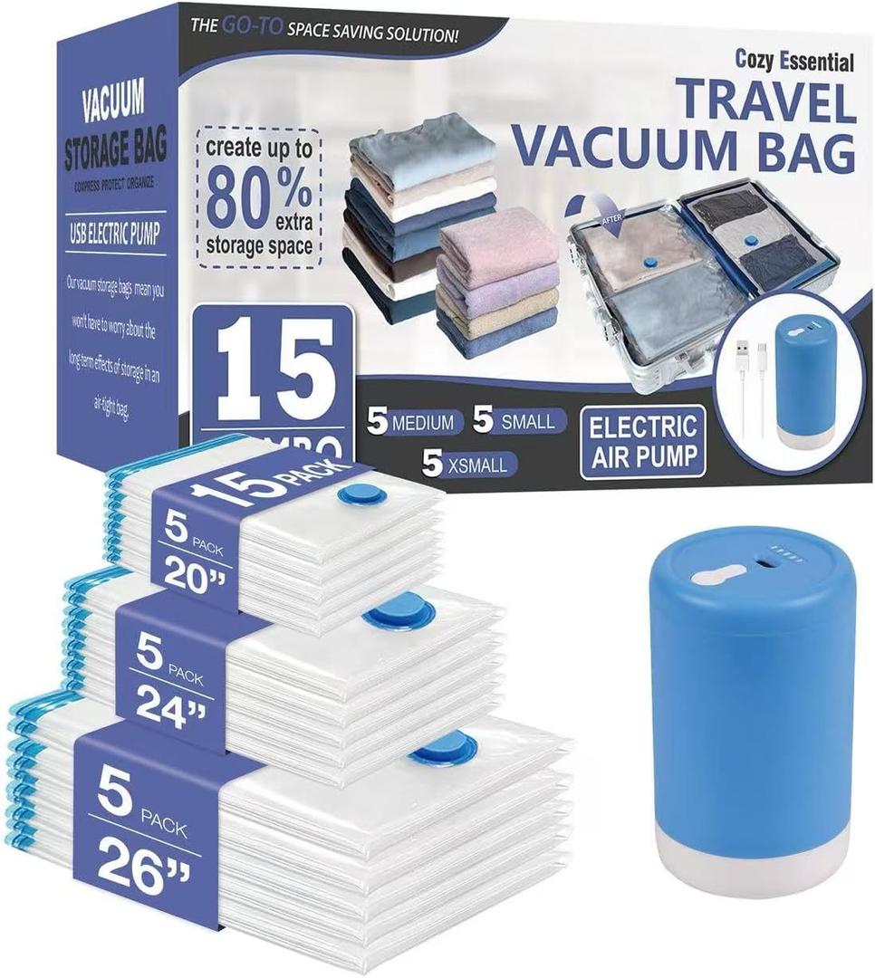 Cozy Essential Travel Vacuum Storage Bags with Rechargeable Cordless Electric Pump, Space Saver Bags for Luggage, Suitcase, Carry-On, for Clothes, Blankets, Comforters, Pillows, 15 Combo