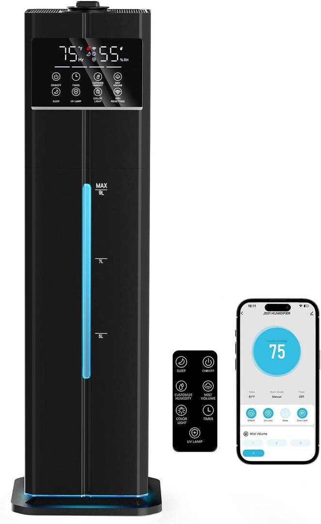 Zeova 9L/2.4Gal Smart Cool Mist Humidifier, Top Fill Quiet Humidifier Large Room, Covers 550ft², App & Remote Control, 60H Runtime, 7 Colors Light, 4 Mist Modes Humidifiers for Bedroom, Office, Black