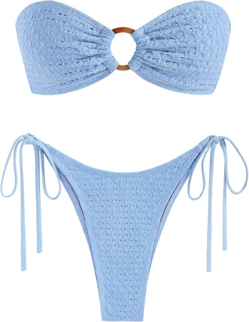 ZAFUL Women's Bandeau Bikini Strapless O Ring Lace Tie Back High Cut Two Piece Swimsuit Bathing Suits (Medium, 2-blue) ZAFUL Women's Bandeau Bikini Strapless O Ring Lace Tie Back High Cut Two Piece Swimsuit Bathing Suits (Medium, 2-blue)