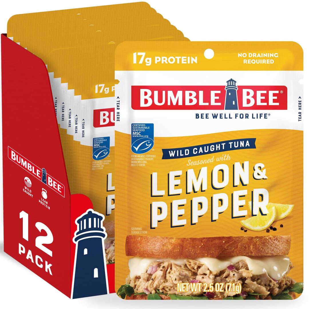 Bumble Bee Lemon & Pepper Seasoned Tuna Pouch - Wild Caught and Ready to Eat for Snack, Salad, Korean Tuna Bowl - 17g Protein per Serving - PERFECT, PORTABLE, GOODNESS - 2.5 oz Packet (Pack of 12), Best By: SEP 2027