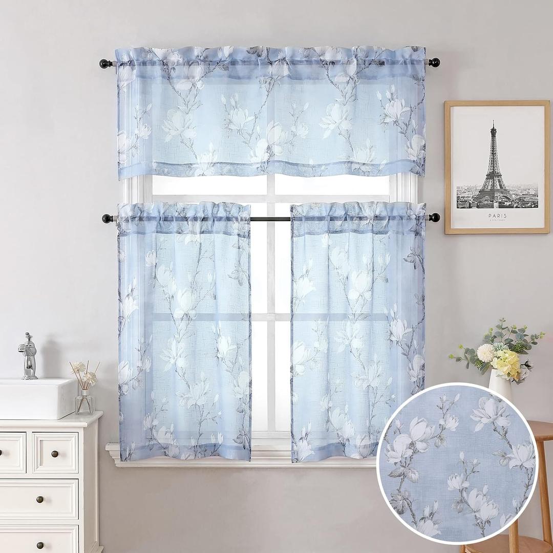 SMILE WEAVER Kitchen Curtains Tiers and Valances Set 3 Piece,Floral Short Semi Sheer Linen Curtains for Bedroom/Living Room,Light Filtering Window Drapes for Bathroom(Blue,52Wx18L&26Wx36L)