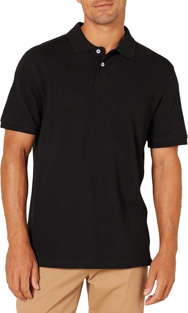 Amazon Essentials Men's Slim-Fit Short-Sleeve Cotton Pique Polo Shirt, Black, Large