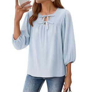 GaoCold Womens Tops 3/4 Puff Sleeve Bow Tie Front Spring Cotton Linen Easter Shirts Dressy Casual Elegant Flowy Loose Babydoll Blouses Blue XXL
