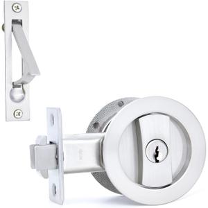 Dontay Pocket Door Lock with Key, Contemporary Entrance Sliding Barn Door Lock Latch, Recessed 2 Sided, 2 3/8" Backset, Flush Handles Hardware (Including Edge Pull, Brushed Nickel, Round - 1 Pack)