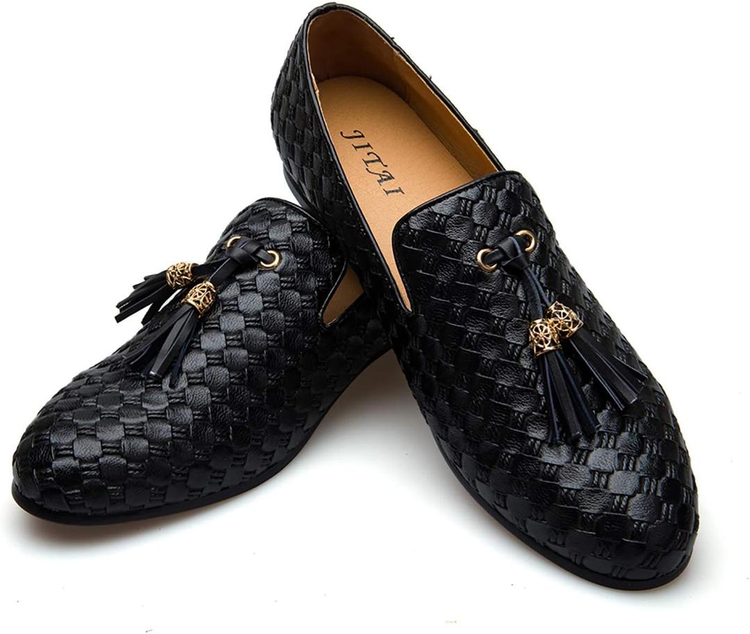 Men's Vintage Velvet Embroidery Noble Loafer Shoes Slip-on Loafer Smoking Slipper Tassel Loafer (10.5, Black)