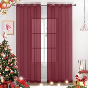 July Joy Semi Linen Look Sheer Curtains for Bedroom, Living Room Grommet Light Filtering Solid Voile Window Curtains, Set of 2 Panels (52 x 84 inch, Burgundy)