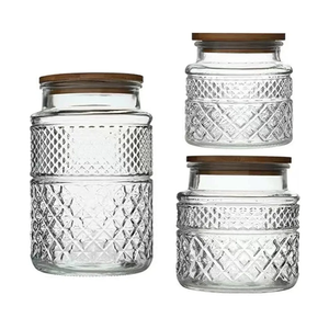 Livejun Glass Storage Jars Vintage Embossed Canisters Food Cereal Storage Containers with Bamboo Lid, Decorative Jars for Kitchen Counter,Pantry,Set 3Piece Glass Jars in 60 oz/40 oz/20 oz (Round)
