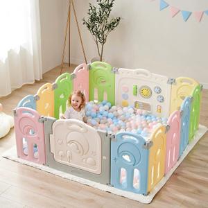 Fortella Cloud Castle Foldable Playpen, Baby Safety Play Yard with Writing Whiteboard and Activity Wall, Pack and Play for Toddlers 1-3, Indoors or Outdoors (Multicolor 14 Panel)