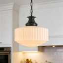 Vintage Ribbed Milk Glass Pendant Light Fixture, Mid‑Century Modern Chandelier, Antique Schoolhouse Pendant Lights for Kitchen Island, Dining Room, Entryway, Hallway, E26 Base,Matt Black