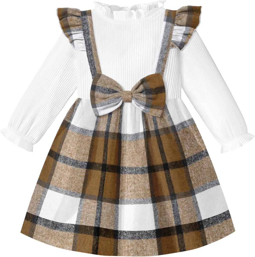 Toddler Girl Dress Plaid Ruffle Long Sleeve Bowknot Little Girl Dresses Fall Winter Outfits 3-7 Years (Brown)