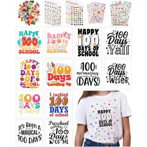 12 Set 100th Day of School Craft DIY Kit 12 Iron on Transfers for Clothing Shirt with Pom Pom Ball Dot Stickers Gems Number Stickers for 100s Day of School Shirt Bag Classroom Craft (Retro)