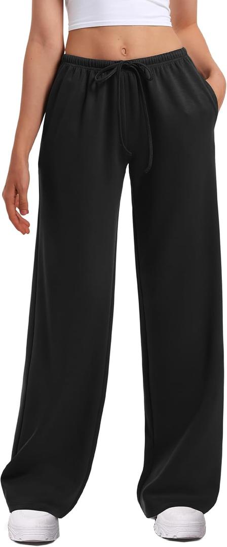 HeSaYep Women's Wide Leg Sweatpants Straight Leg Lowrise Sweat Pants Drawstring Elastic Low Waist Pants with Pockets (Black, XL)