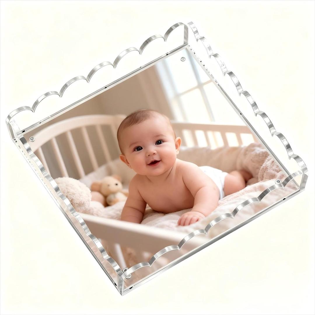 Acrylic Trays for Display,Scalloped Magnetic Tray with Changeable Photo Inserts,Scalloped Acrylic Picture Frame, 8x8in (8"x 8")