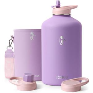Coolflask Gallon Water Bottle Insulated with PU Leather Sleeve, 128 oz Water Bottle Color Contrast with Straw Lids, Stainless Steel Metal Large Water Jug, Keep Cold 48h Hot 24h,Lilac Purple (128 oz, Lilac Purple)