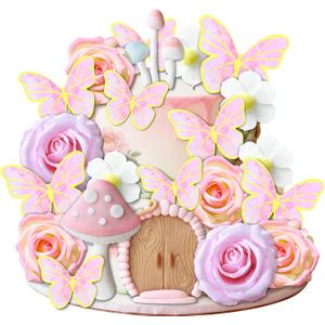 21 PCS Fairy Cake Toppers Mushroom House Cake Decor Butterfly Cake Decor Fairy Garden Topper Fairy Party Supplies