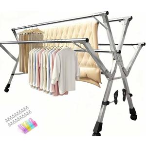 GRPDMDM 5Poles Clothes Drying Rack, Stainless Steel Laundry Rack with Wheels, Blanket Rack Clothesline, Extendable, with Windproof Hooks, for Indoor Outdoor