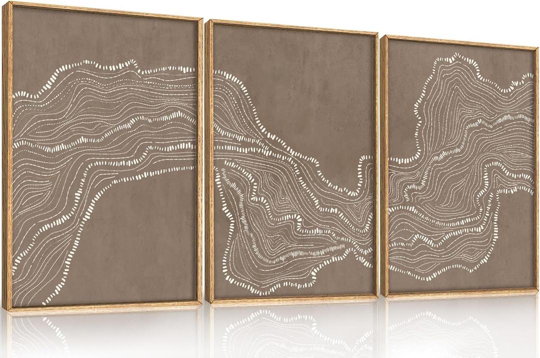 Abstract White Wave Framed Canvas Wall Art,Modern Minimalism Wall Decor,Neutral Geometric Line Art Painting,Textured Brown Artwork for Living Room,Bedroom,Dining Room,Office - 12"x16"x3